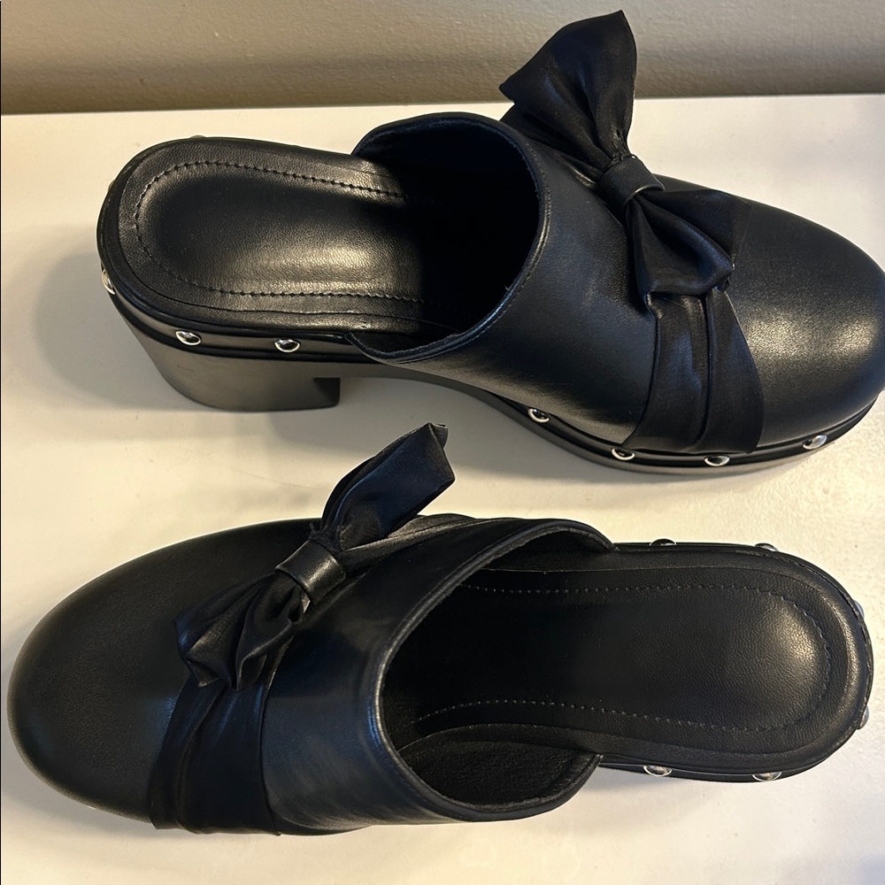 Black Studded Clogs with Bow Detail